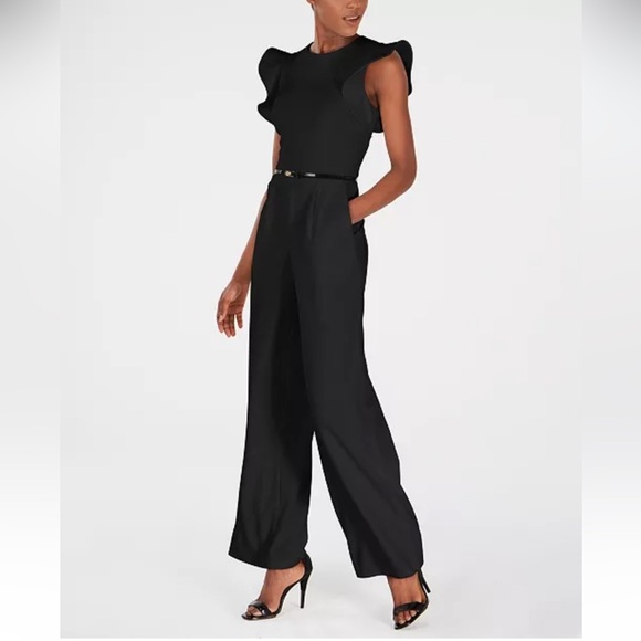 CALVIN KLEIN Black flutter sleeve belted wide leg jumpsuit size 8 - Picture 1 of 15